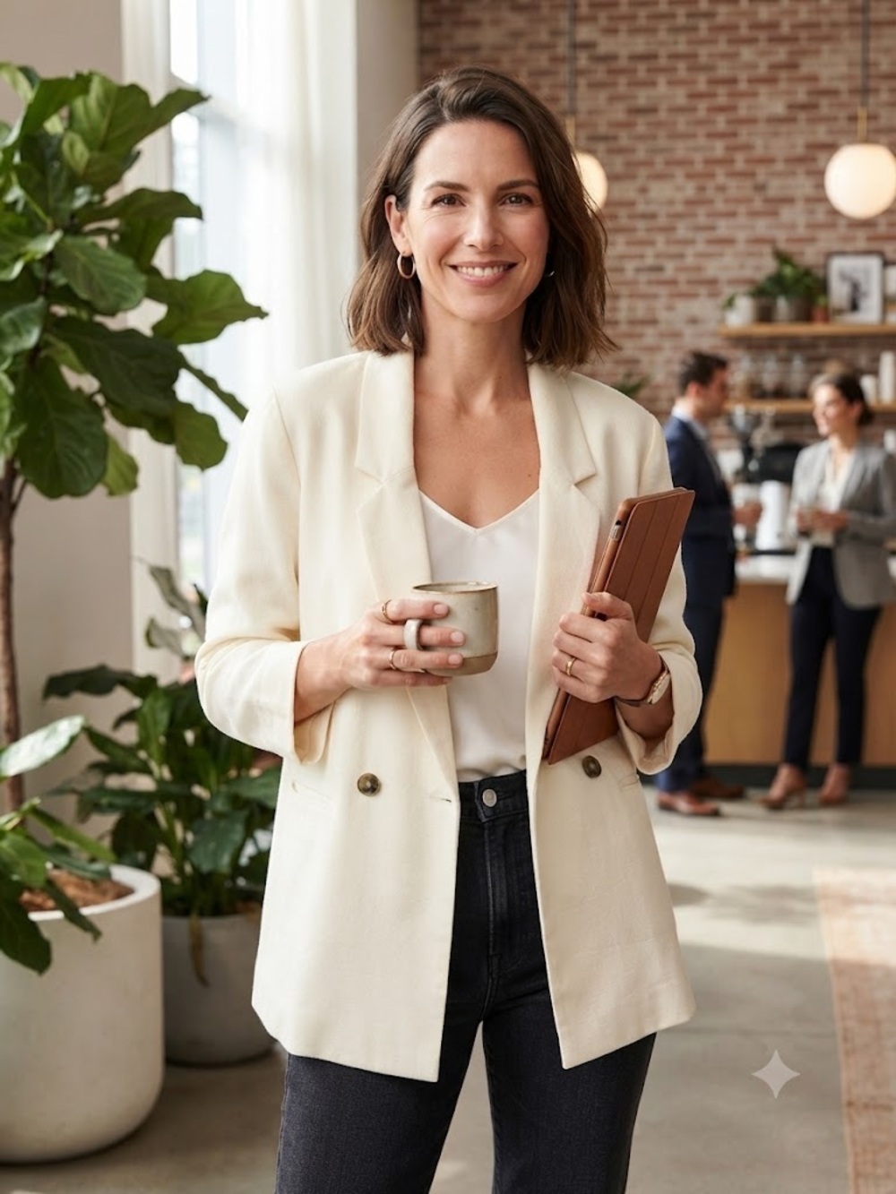 Old Navy Linen Blend Double-Breasted Cream Blazer - #301